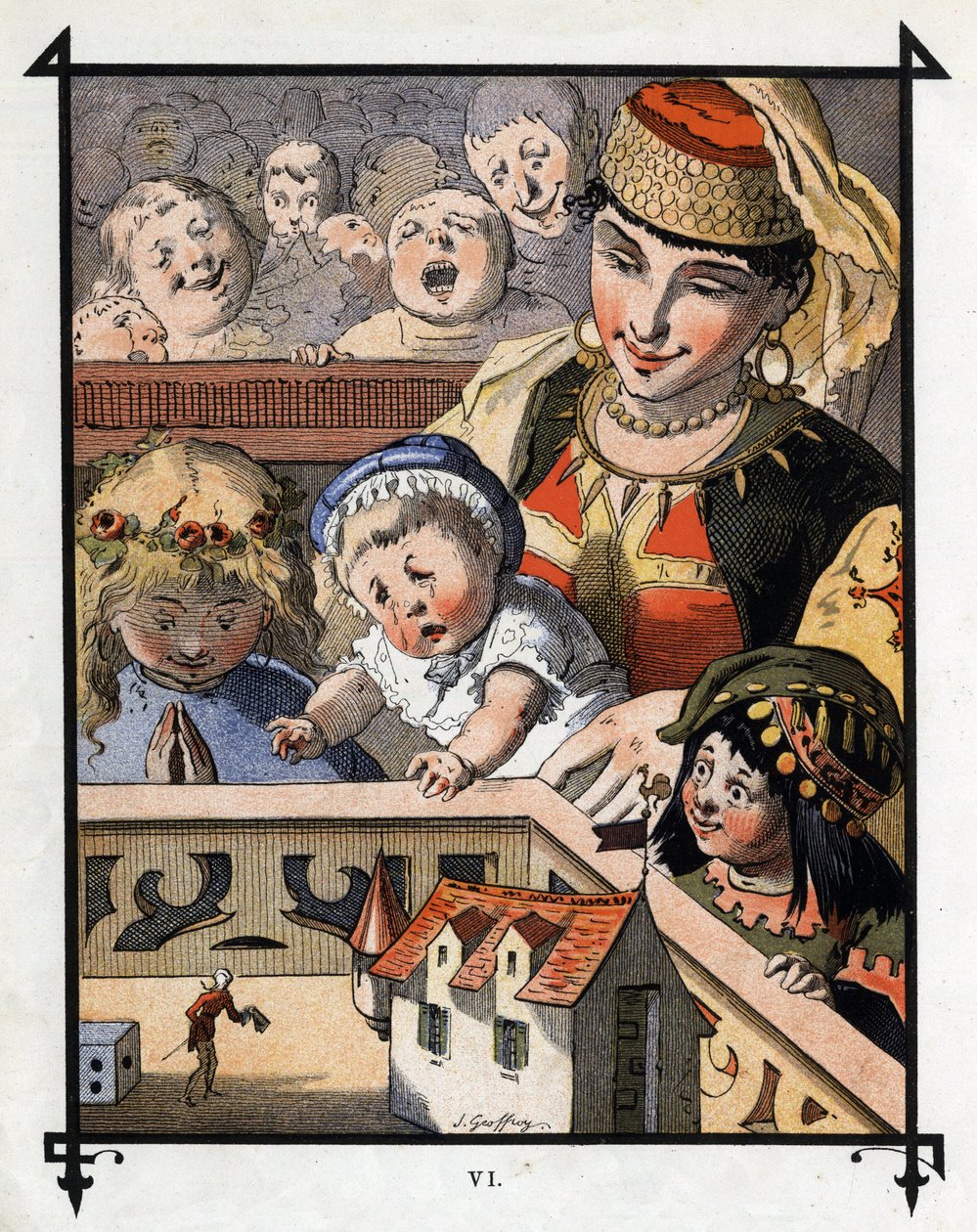 Lemuel Gulliver Brobdingnagin jättiläisten maassa on lasten uteliaisuus. Kuvitus Jonathan Swiftin (1667-1745) elokuvaan "" Gulliver