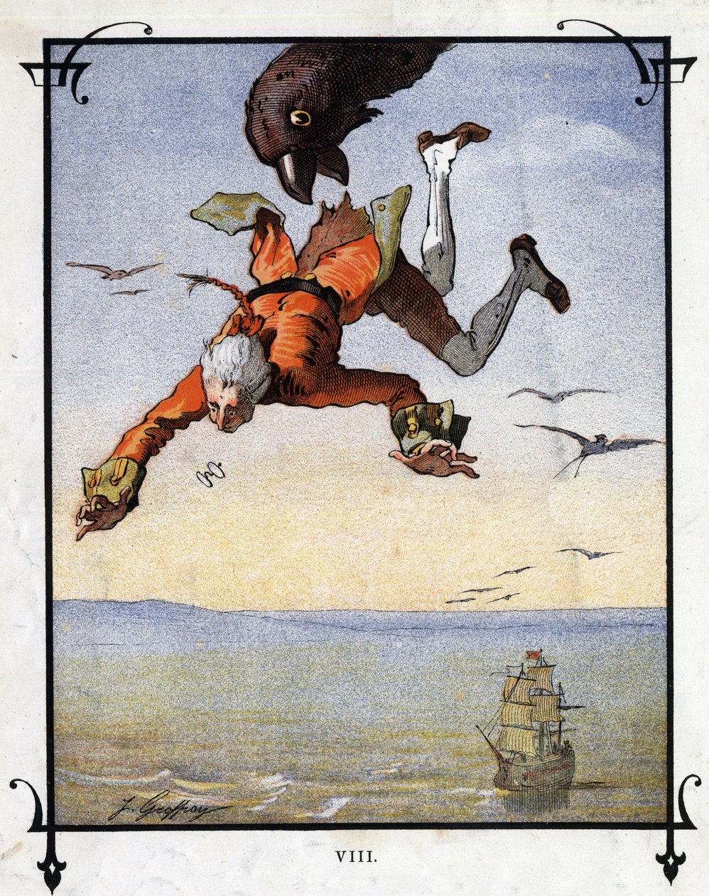 Lemuel Gulliver viedään kotka mukanaan. Kuvitus Jonathan Swiftin (1667-1745) elokuvaan "" Gulliver