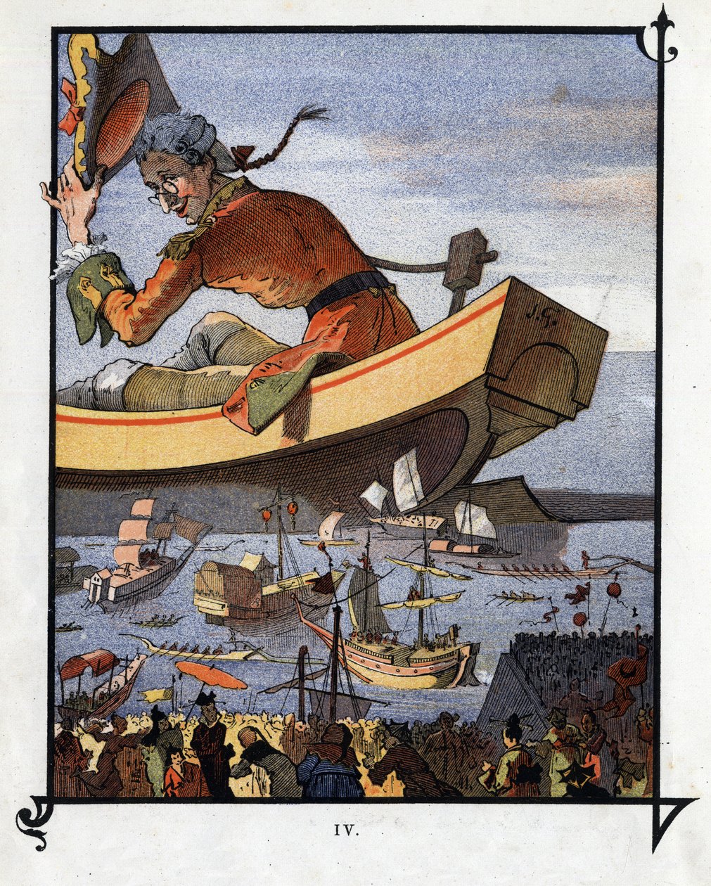 Lemuel Gulliver sanoi hyvästit liliputialaisille. Kuvitus Jonathan Swiftin (1667-1745) elokuvaan "" Gulliver