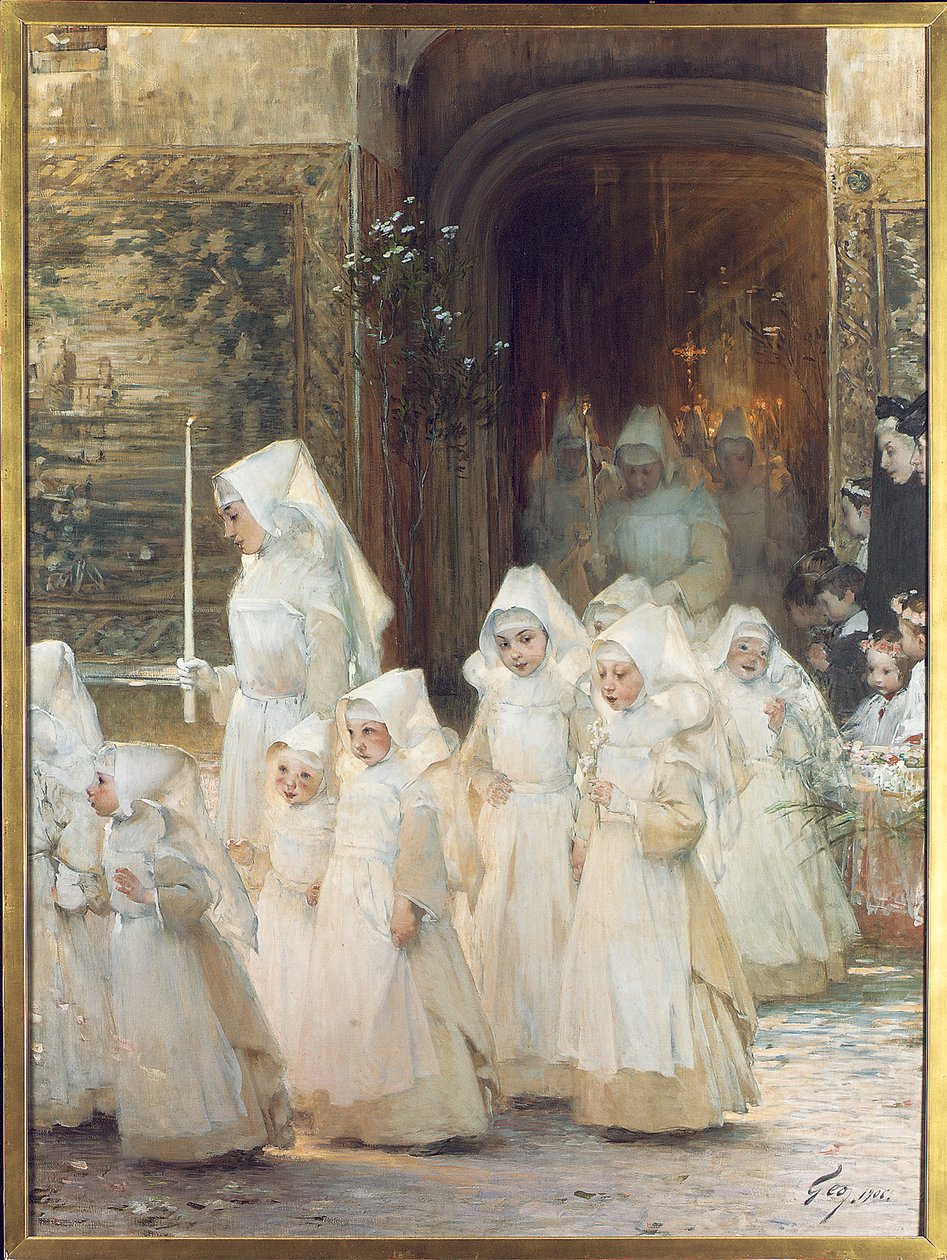 Nuorten tyttöjen kulkue rippipäivänä, L"hopital de Beaune, 1906 tekijältä Henri Jules Jean Geoffroy