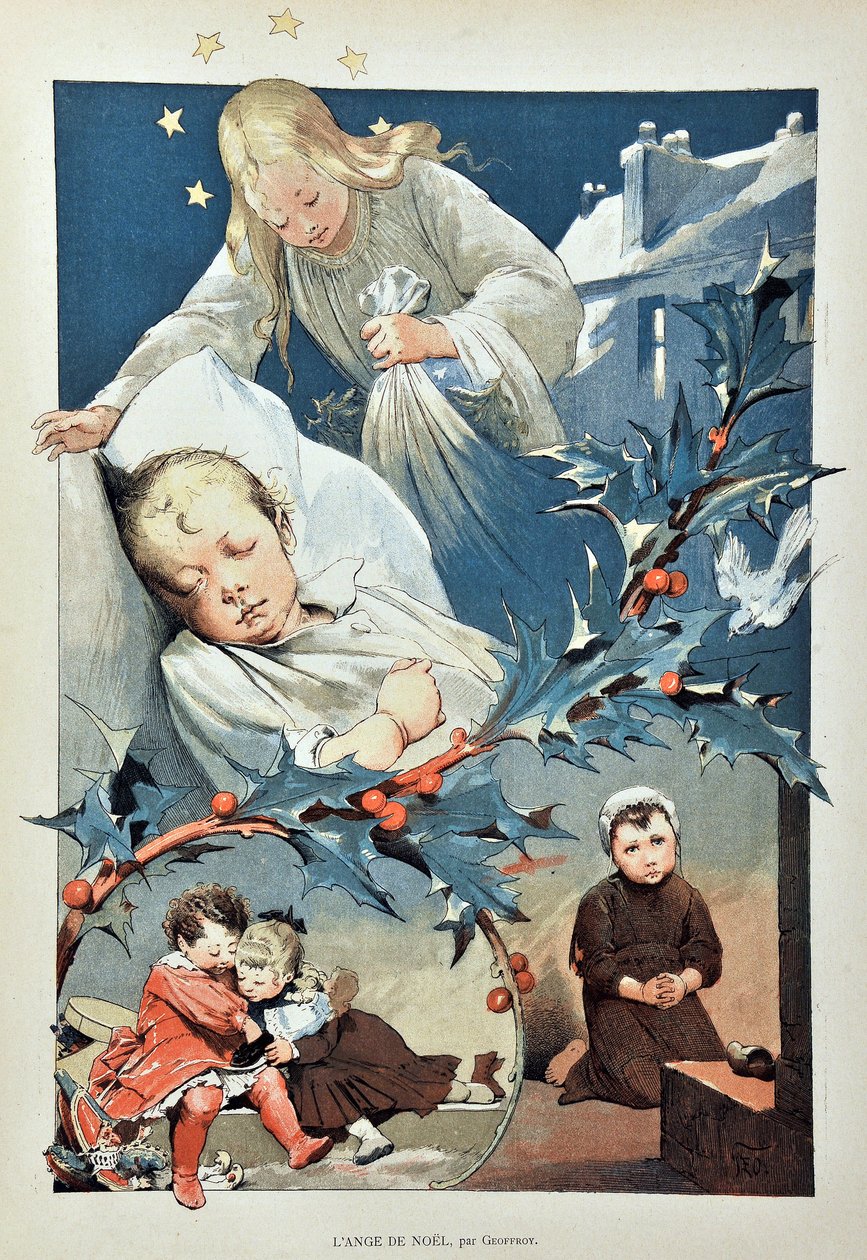 Joulun enkeli. Kuvitus Jean GEOFFROY (1853-1924) Kaiverrus vuodelta 1887 "" Paris-Illustrous Journal Weeklyssä"". tekijältä Henri Jules Jean Geoffroy