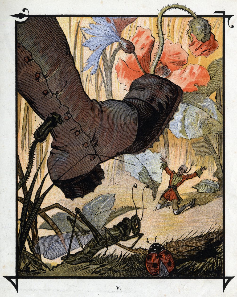 Brobdingnagin asukkaan jättimäinen jalka ei murskaa Lemuel Gulliveria korkeassa ruohossa. Kuvitus Jonathan Swiftin (1667-1745) elokuvaan "" Gulliver