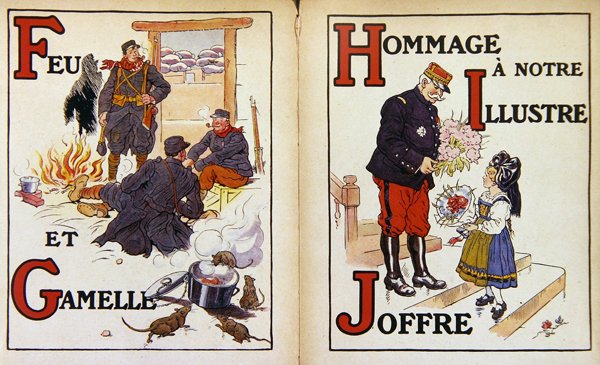 Tuli ja sotku tina ja kunnianosoitus marsalkka Joffrelle, kuvitus kirjasta "Alphabet de la Guerre" tekijältä Henri Lanos