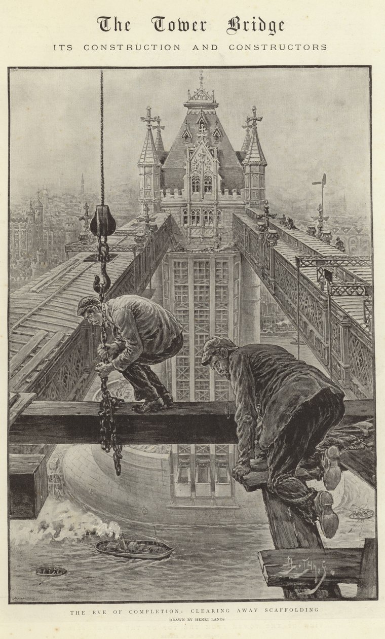 Tower Bridge, sen rakentaminen ja rakentajat (litografia) tekijältä Henri Lanos