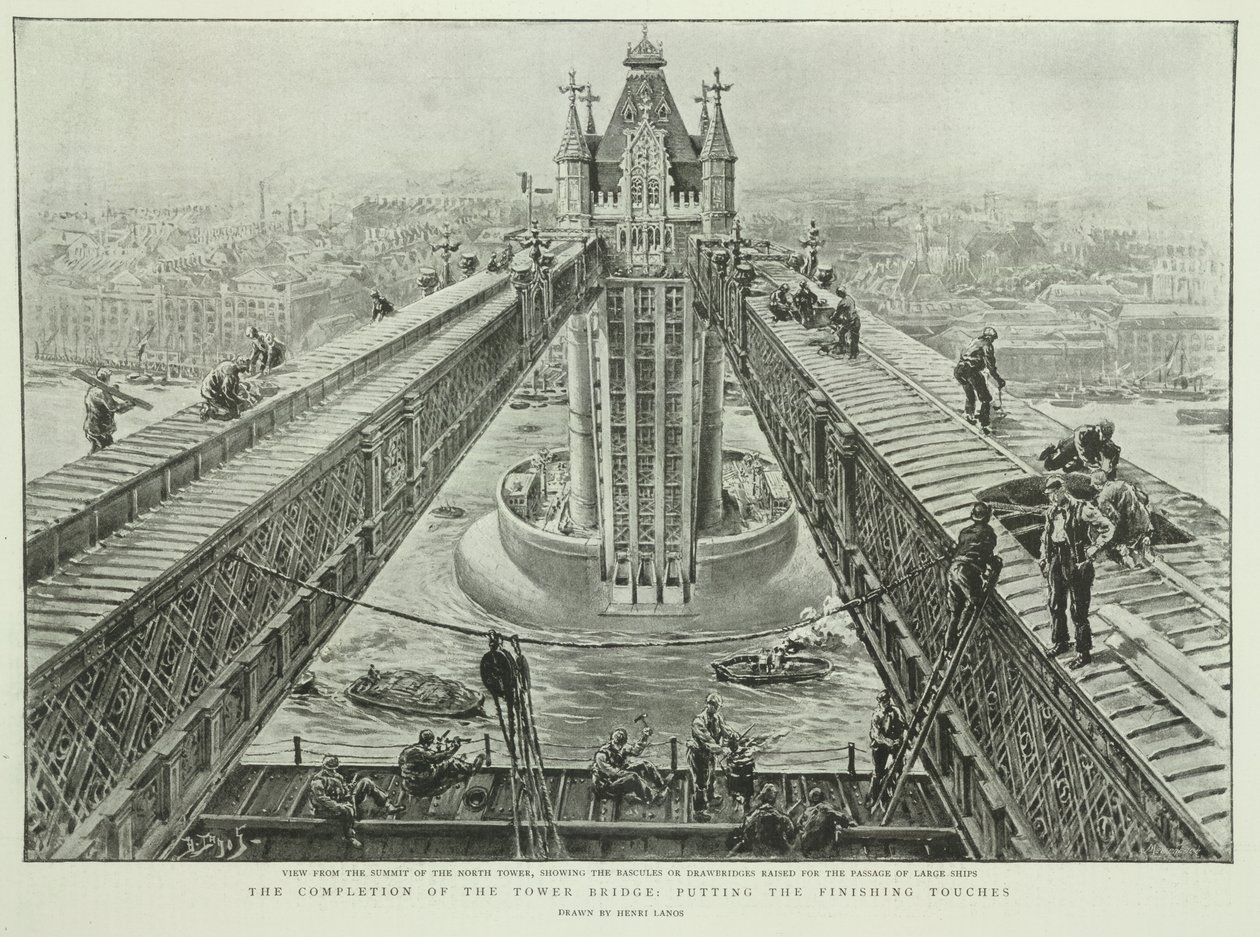 Tower Bridgen valmistuminen: viimeistely, Graphic, 23.6.1894 (kaiverrus) tekijältä Henri Lanos
