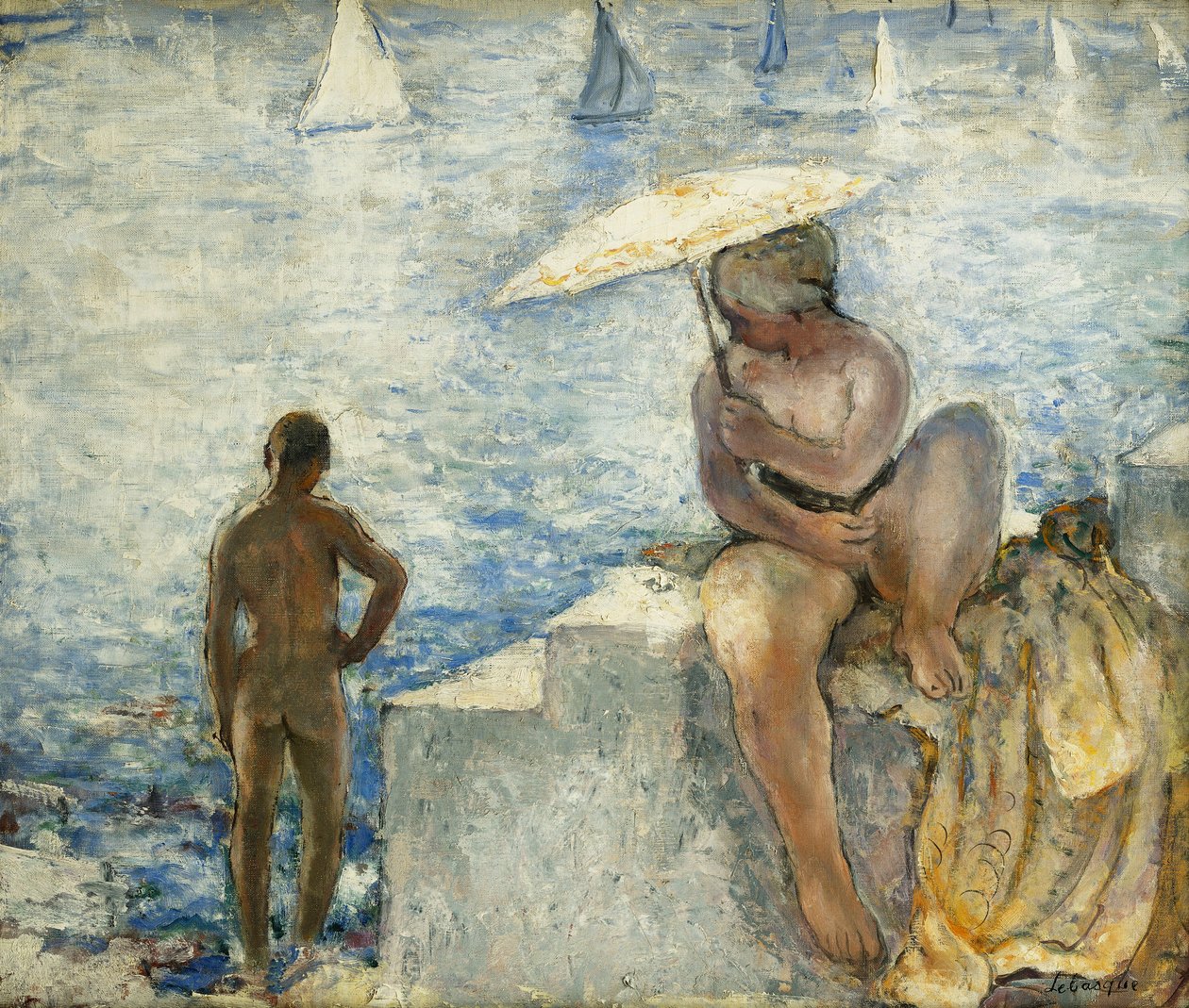 Nuori uimari aurinkovarjolla; Nuori uimalainen päivänvarjoineen, n. 1925-1930 tekijältä Henri Lebasque