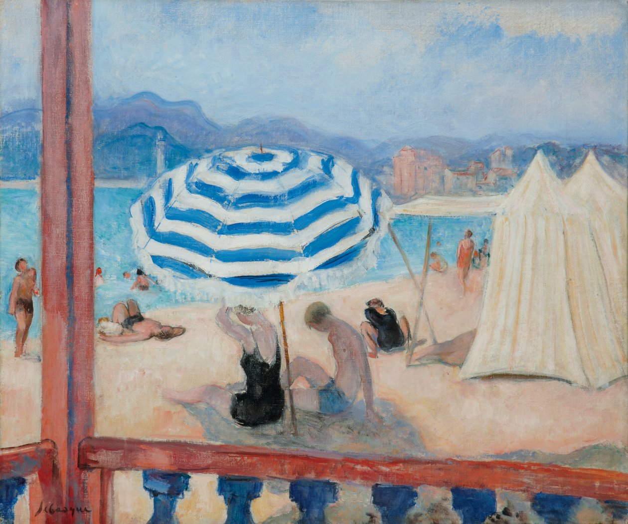 Kepit, sininen päivänvarjo ja teltat; Kepit, sininen päivänvarjo ja teltat, tekijältä Henri Lebasque