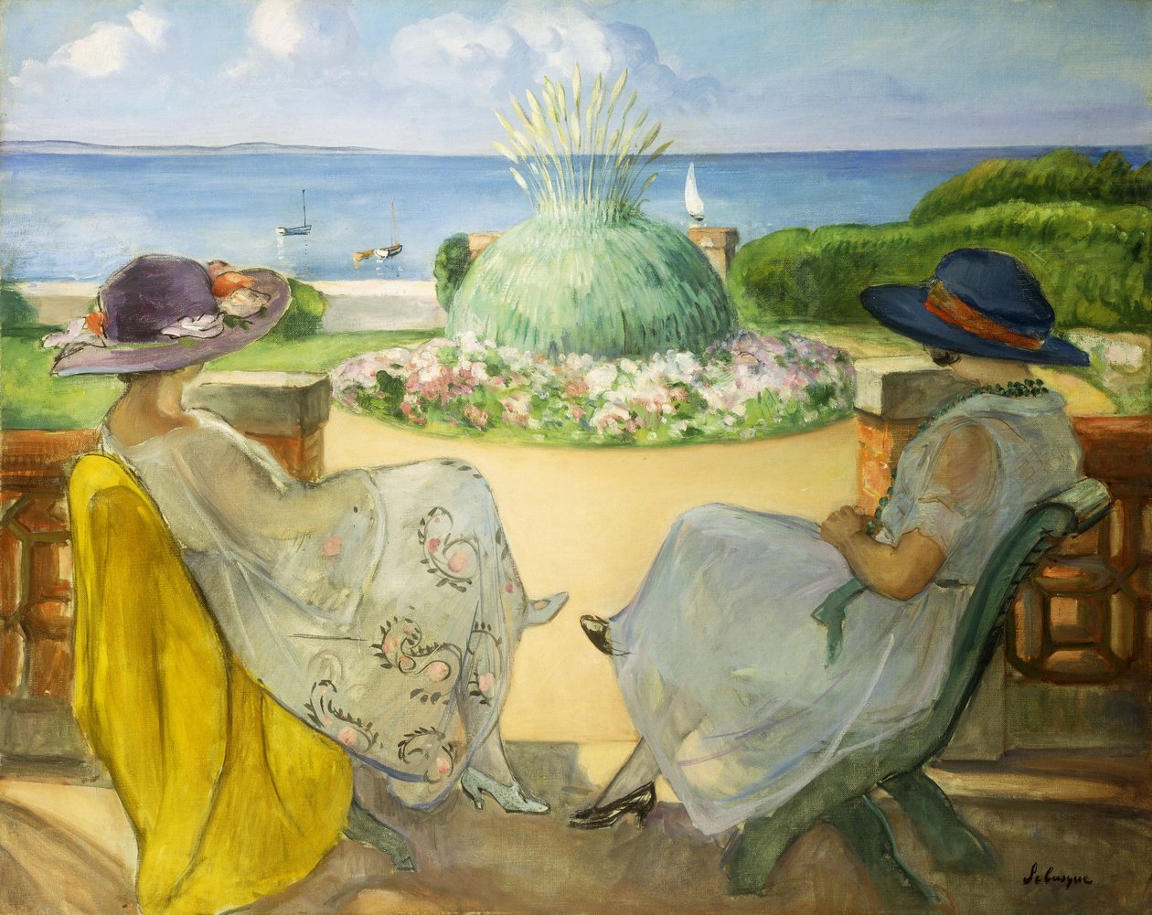 Kaksi nuorta naista terassilla meren rannalla; Kaksi nuorta tyttöä terassilla merelle päin, 1922 tekijältä Henri Lebasque