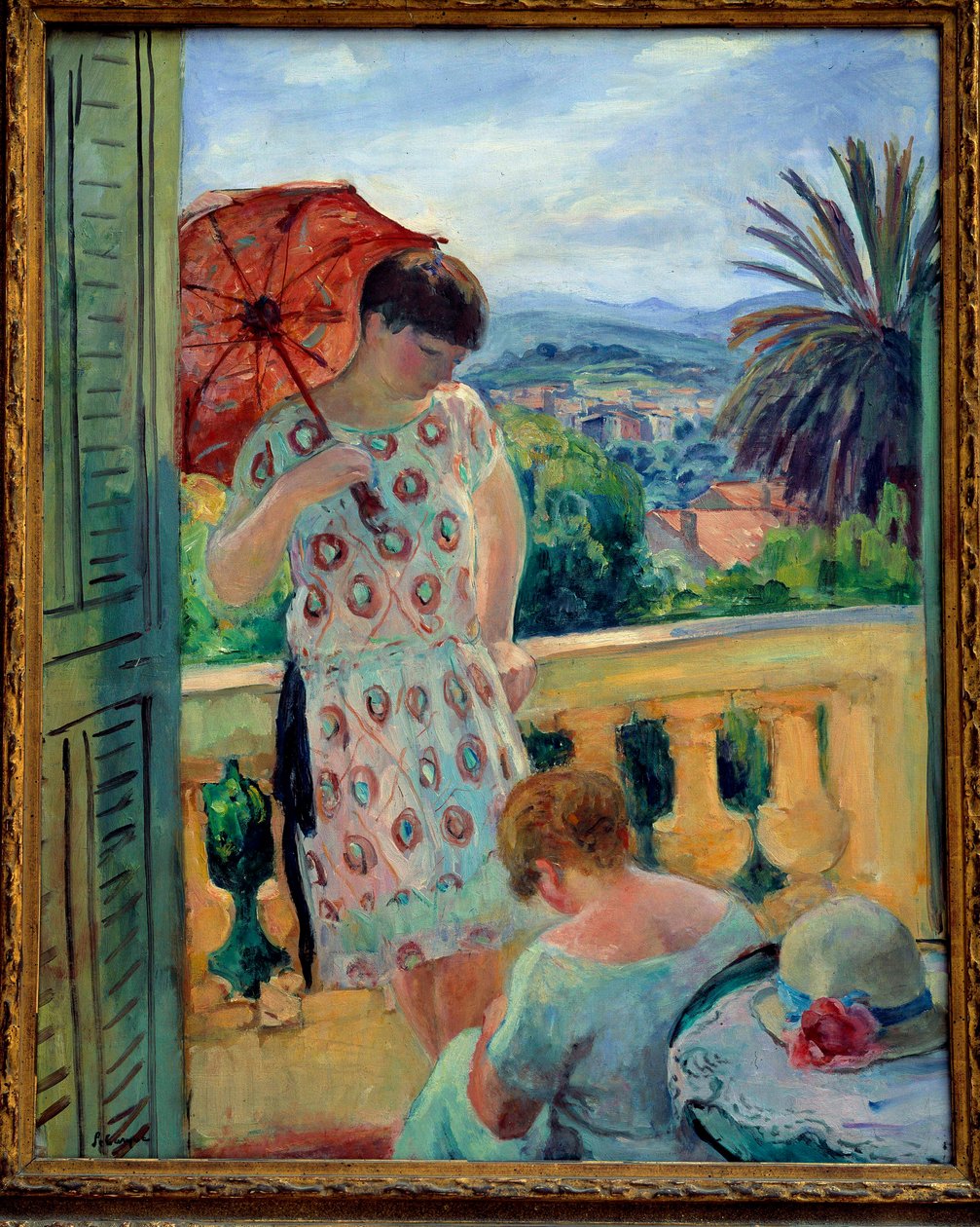 Kaksi naista parvekkeella tai parvekkeella, näkymä Esterelille. Henri Lebasquen (1865-1937) maalaus 1925-1926, öljy kankaalle, 92,5 × 65 cm. Lyon, musee des Beaux Arts - Kaksi naista parvekkeella tai parvekkeella näköalalla Esterelille. Maalaus Henri Lebas tekijältä Henri Lebasque