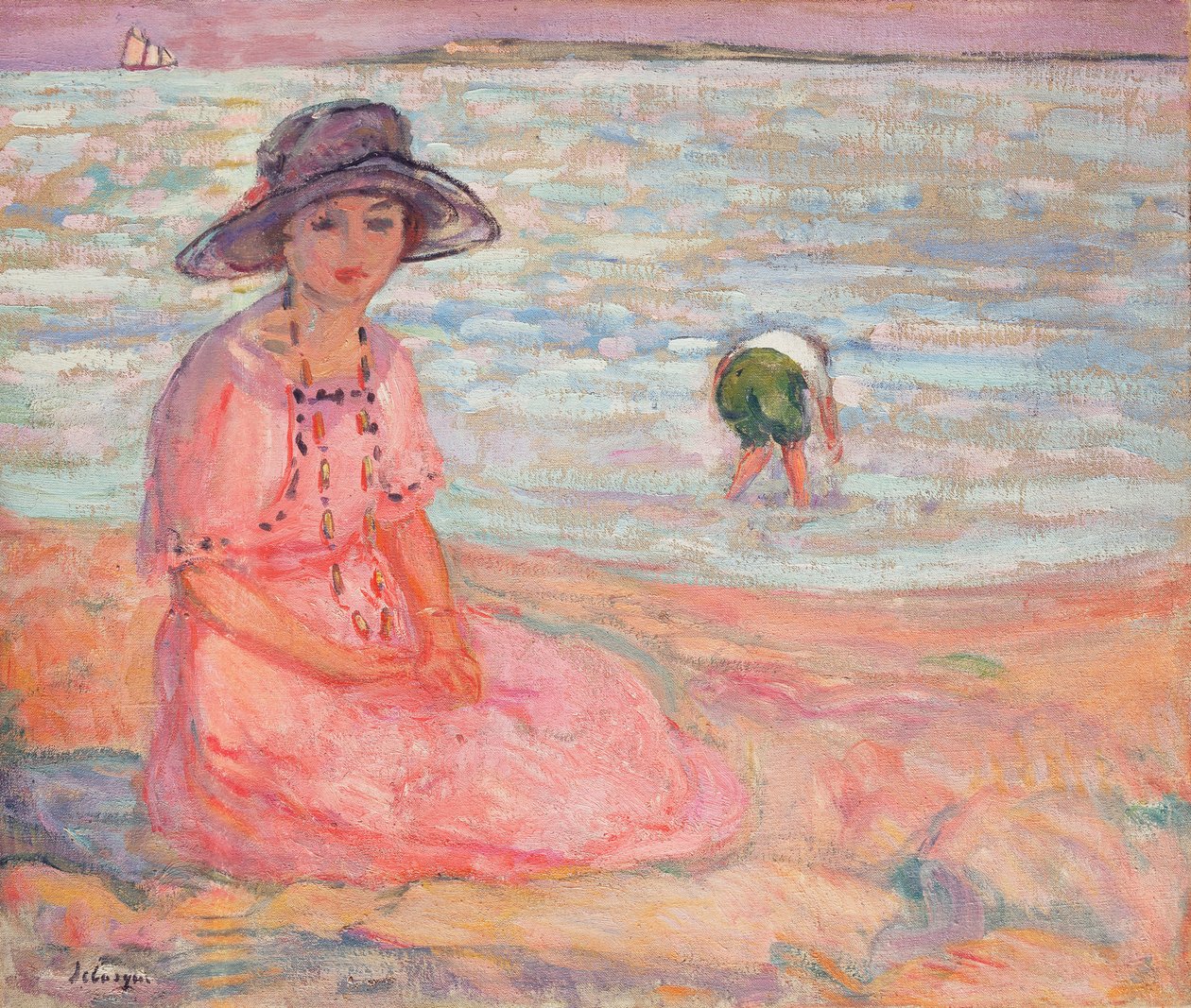 Nainen vaaleanpunaisessa mekossa meren rannalla; Femme a la Robe Rose au bord de la Mer, n. 1920 tekijältä Henri Lebasque