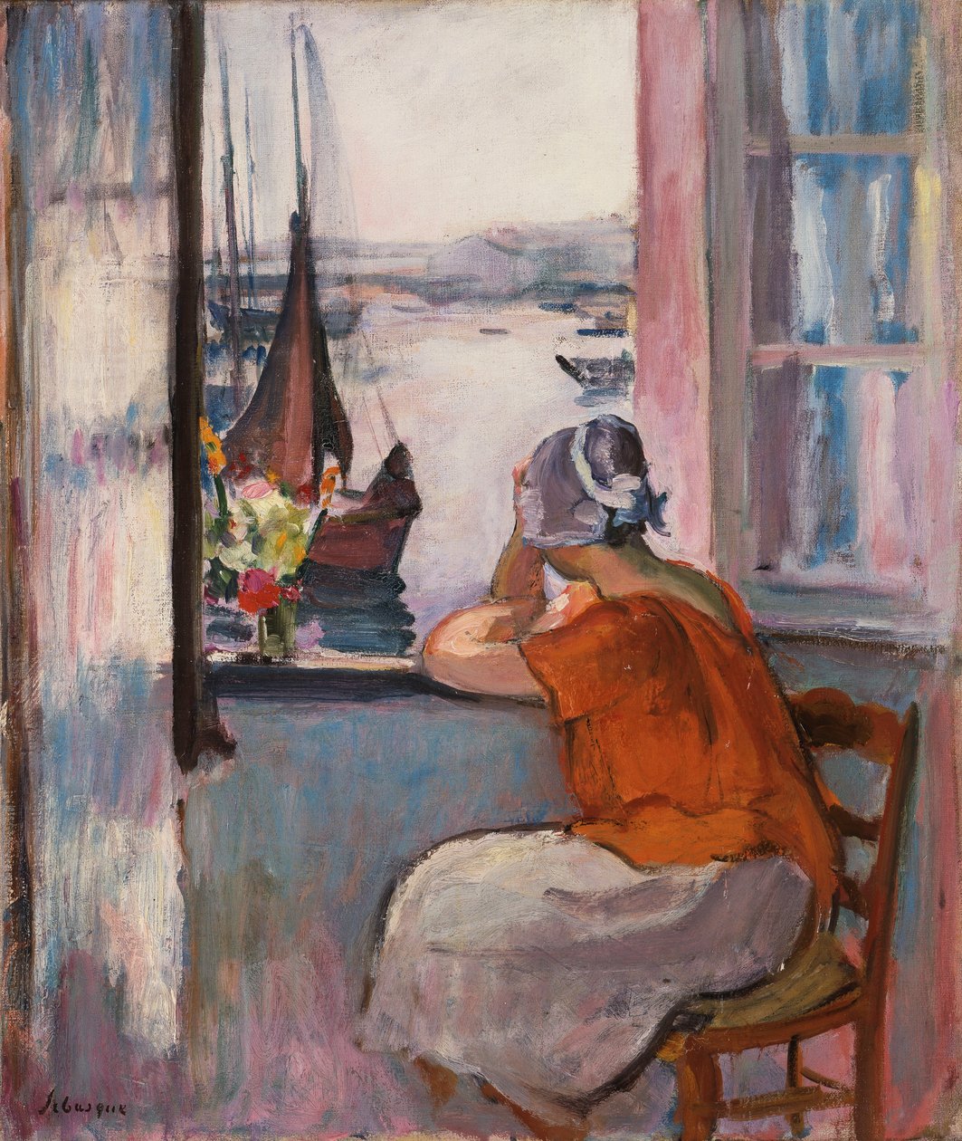 Nuori tyttö ikkunassa vastapäätä Yeun saarta, tekijältä Henri Lebasque