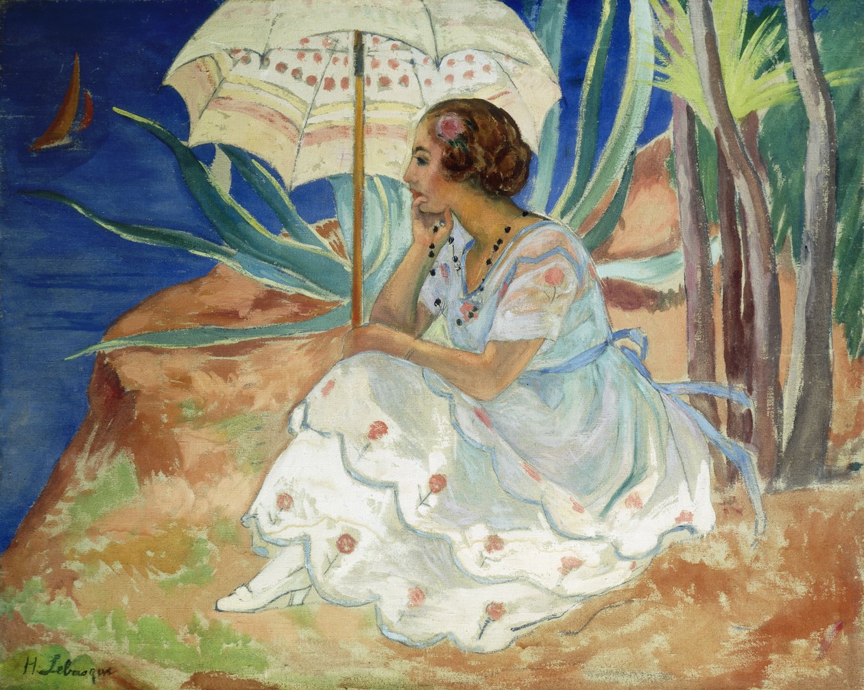 Nuori nainen, jolla on sateenvarjo, Saint Maxime; Nuori tyttö Saint-Maximen päivänvarjolla, n. 1918 tekijältä Henri Lebasque