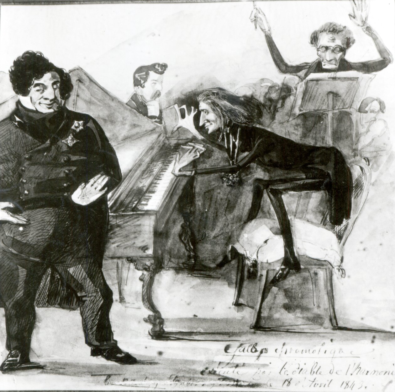 Galop Chromatique -karikatyyri Luigi Lablachesta, Franz Lisztistä (1811-86) pianolla ja Francois Habeneckistä tekijältä Henri Lehmann