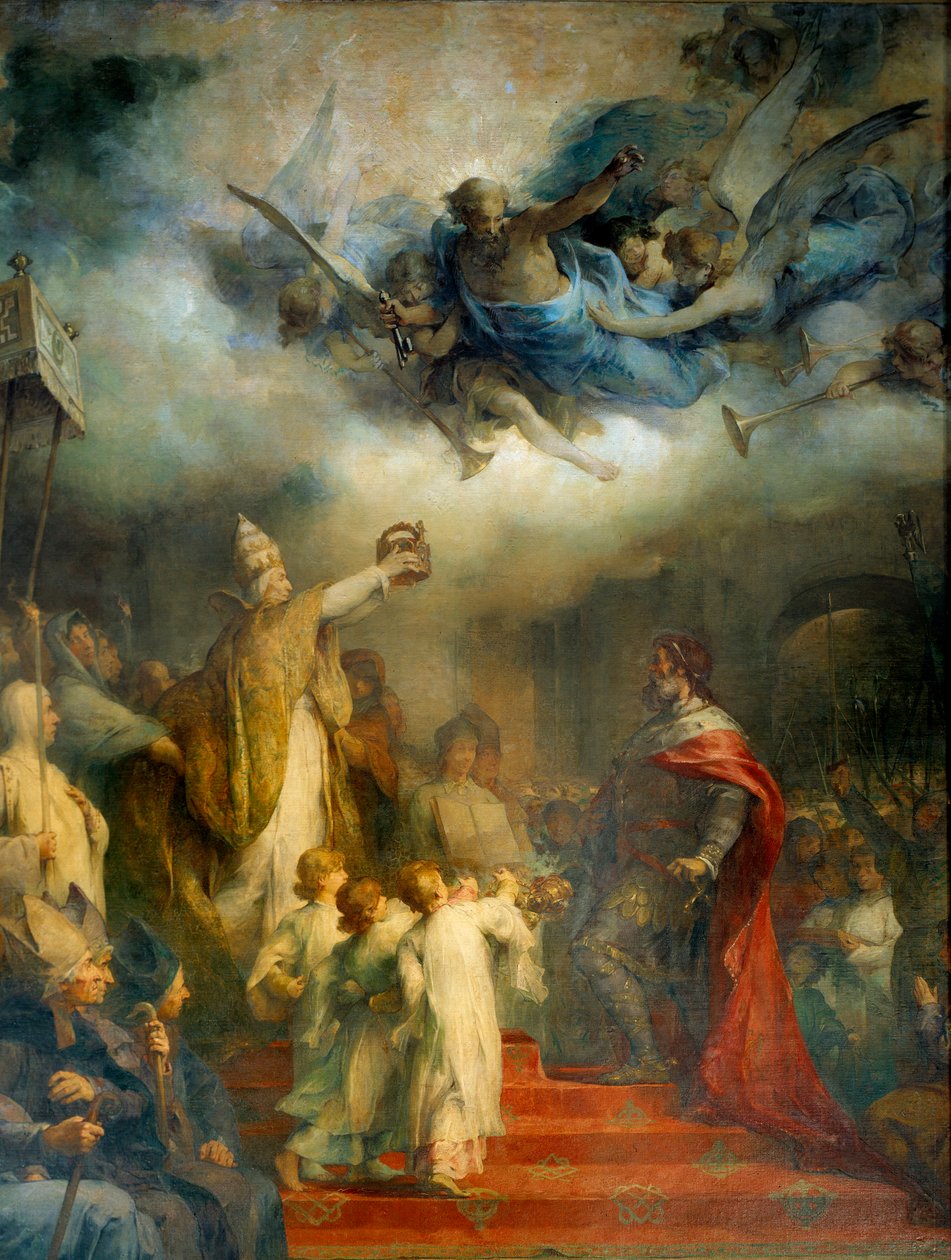 Paavi Leon III kruunaa Kaarle Suuren lännen keisariksi Rooman Pyhässä Pietarissa vuonna 800 joulupäivänä. Henry Leopold Levyn (1840-1904) maalaus tekijältä Henri Leopold Levy