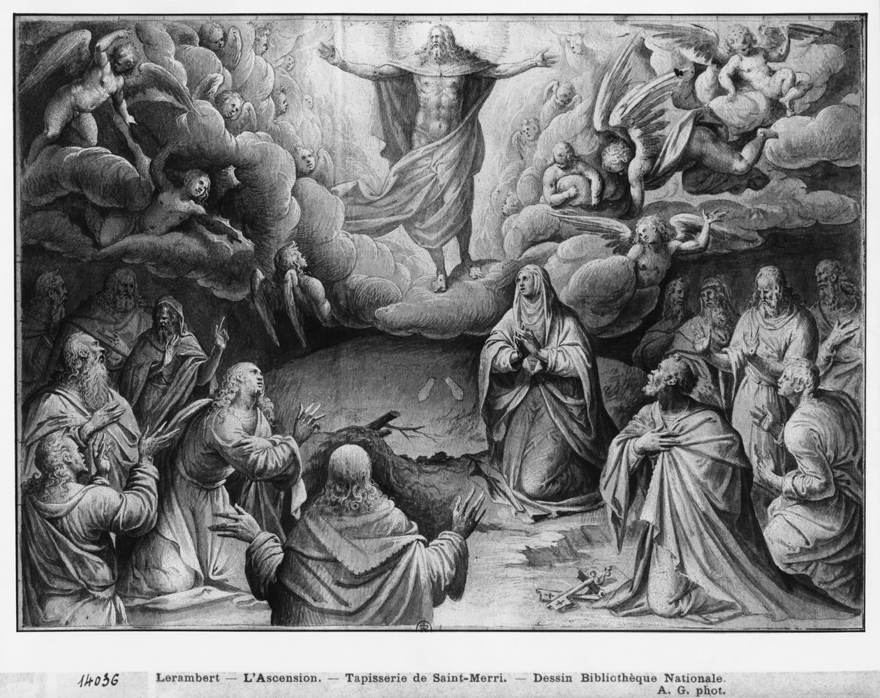 Kristuksen elämä, Ascension, kuvakudossarjakuvan valmistelututkimus Saint-Merrin kirkolle Pariisissa, n. 1585-1590 (pierre noire, pesu ja valkoiset kohokohdat paperilla) tekijältä Henri Lerambert