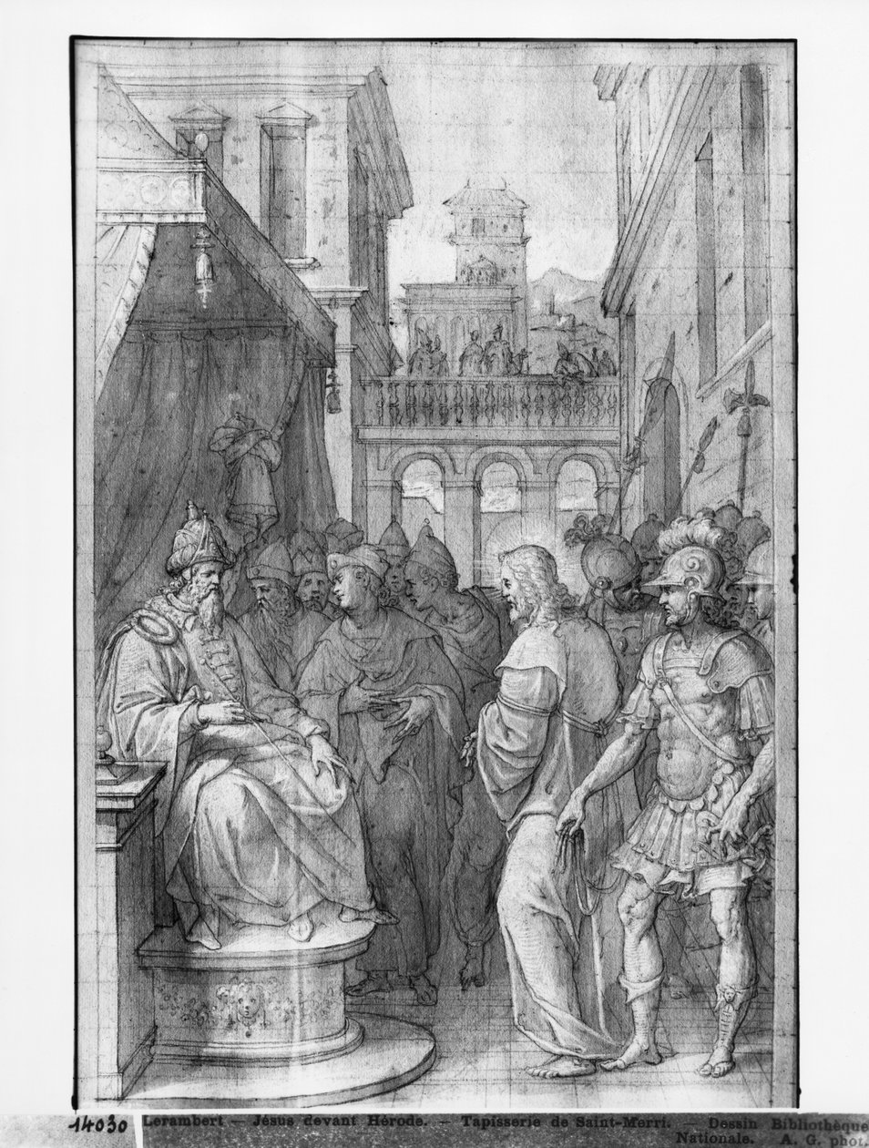 Kristuksen elämä, Kristus Herodeksen edessä, kuvakudossarjakuvan valmistelututkimus Saint-Merrin kirkolle Pariisissa, n. 1585-1590 (pierre noire, pesu ja valkoiset kohokohdat paperilla) tekijältä Henri Lerambert