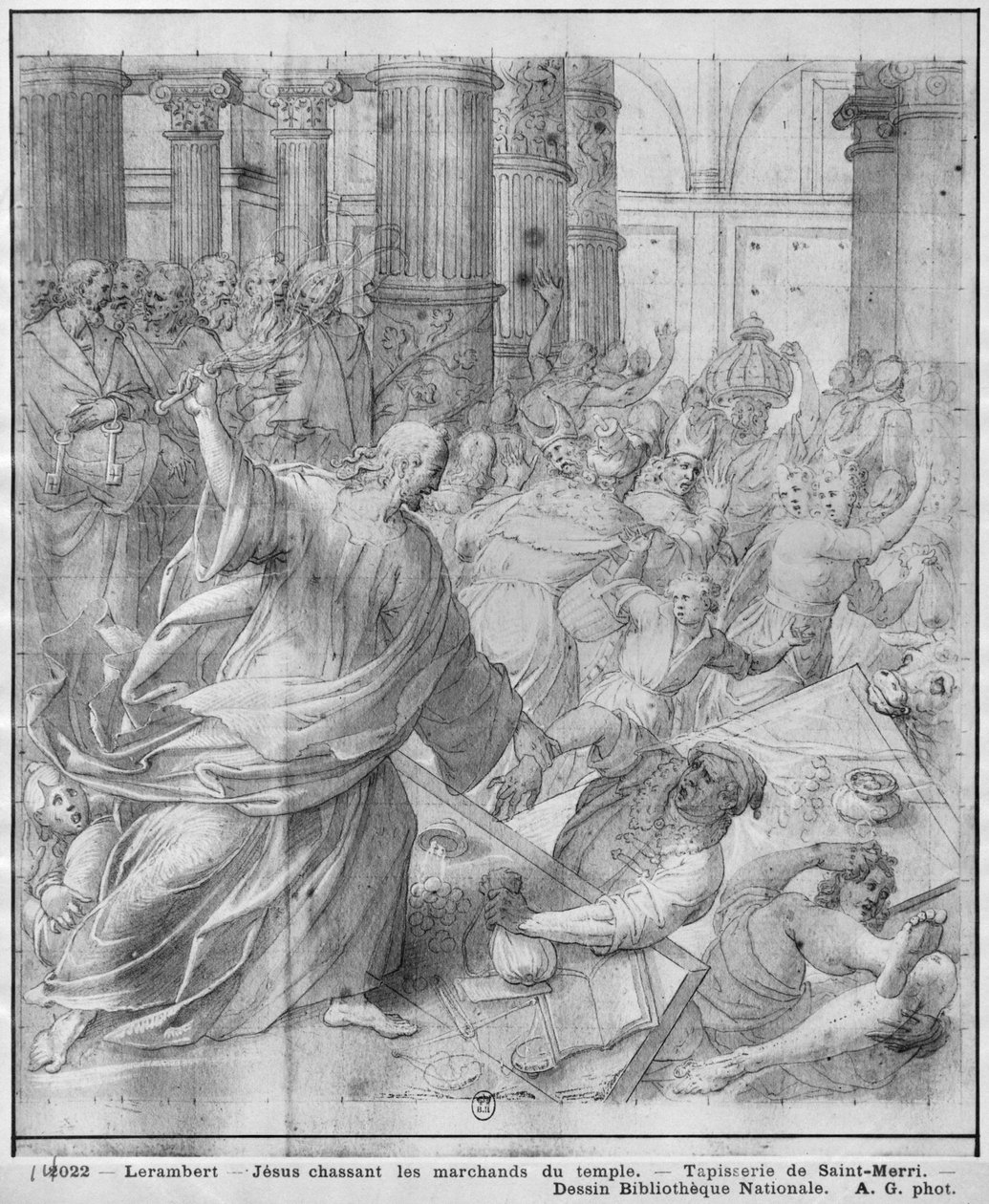 Kristuksen elämä, Jeesus jahtaa kauppiaita temppelistä, kuvakudossarjakuvan valmistelututkimus Saint-Merrin kirkolle Pariisissa, n. 1585-1590 (pierre noire und wash ja valkoiset kohokohdat paperilla) tekijältä Henri Lerambert