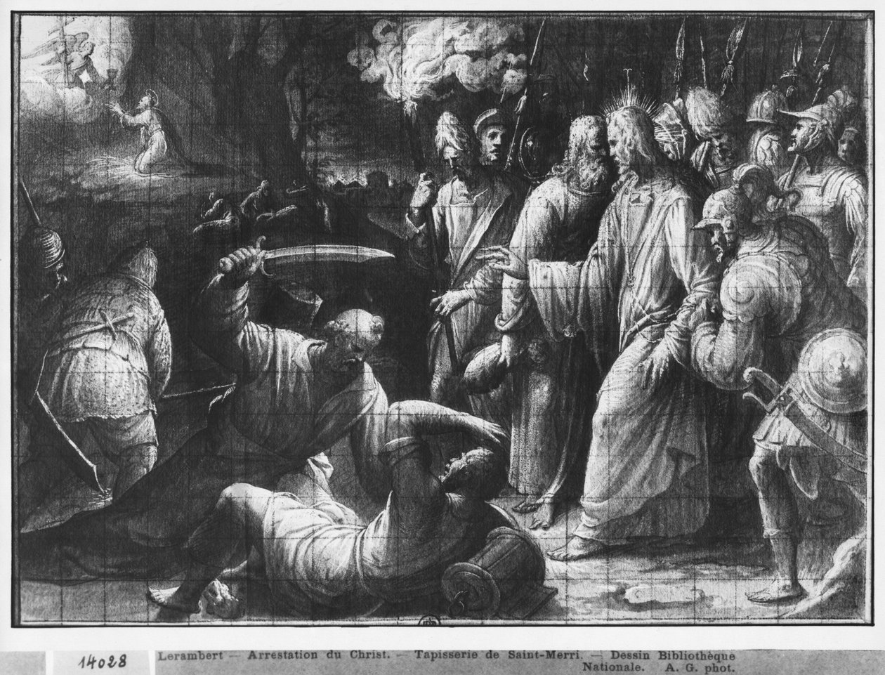 Kristuksen elämä, Kristuksen pidätys, kuvakudossarjakuvan valmistelututkimus Saint-Merrin kirkolle Pariisissa, n. 1585-1590 (pierre noire und wash ja valkoiset kohokohdat paperilla) tekijältä Henri Lerambert