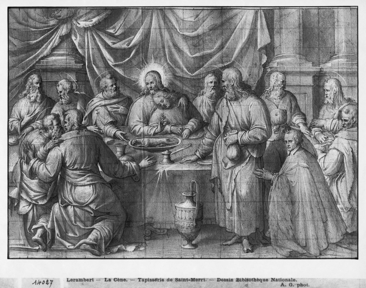 Kristuksen elämä, viimeinen ehtoollinen, kuvakudossarjakuvan valmistelututkimus Saint-Merrin kirkolle Pariisissa, n. 1585-1590 (pierre noire, pesu ja valkoiset kohokohdat paperilla) tekijältä Henri Lerambert