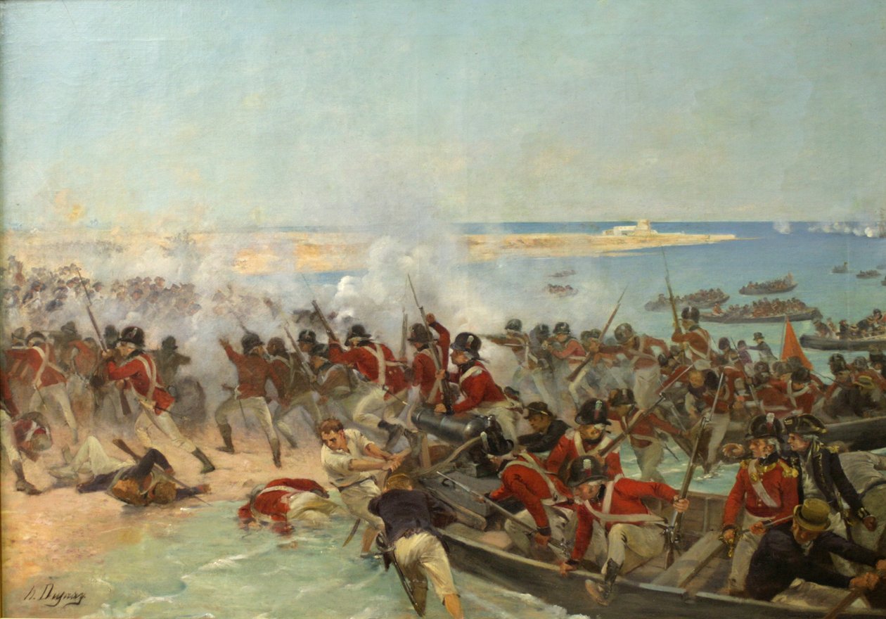 Merijalkaväen maihinnousu Aboukirissa, Egyptissä, 8. maaliskuuta 1801. tekijältä Henri Louis Dupray