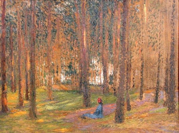 Kävelijä istuu metsässä, n. 1890 (öljy aluksella) tekijältä Henri Martin