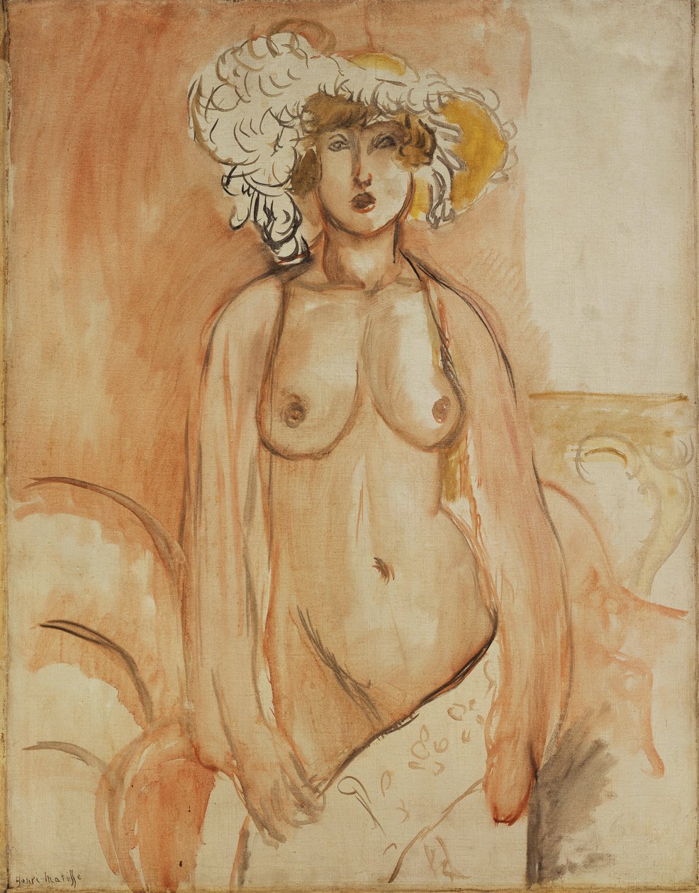 Antoinette seisoo, vartalo paljaana, päässään höyhenhattu, noin 1918 (öljy kankaalle). tekijältä Henri Matisse