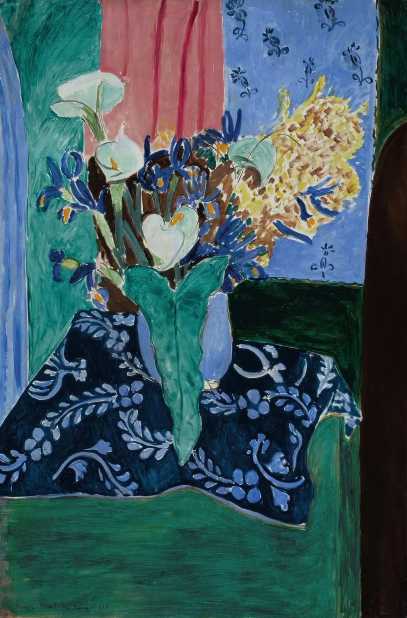 Arumit, iirikset ja mimosat (kukkia sinisessä maljakossa sinisellä pöytäliinalla) tekijältä Henri Matisse