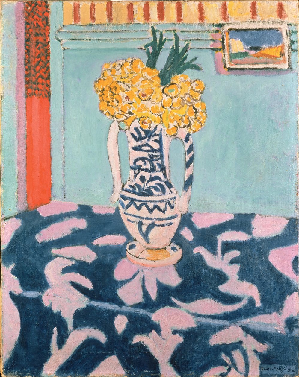 Lehmänlimput sinisellä ja vaaleanpunaisella kankaalla tekijältä Henri Matisse
