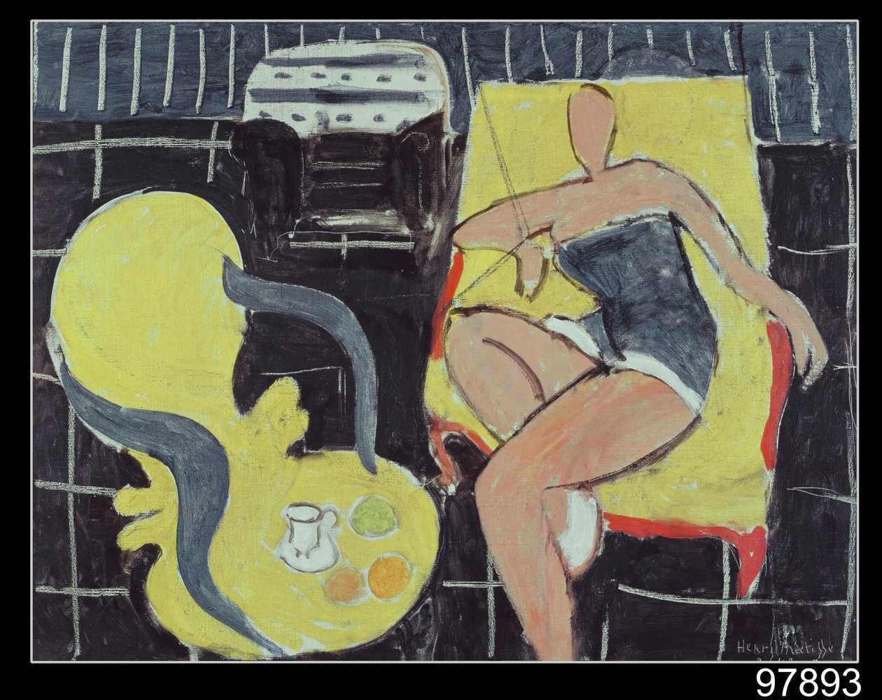 Tanssija ja Rocaille nojatuoli mustalla pohjalla tekijältä Henri Matisse