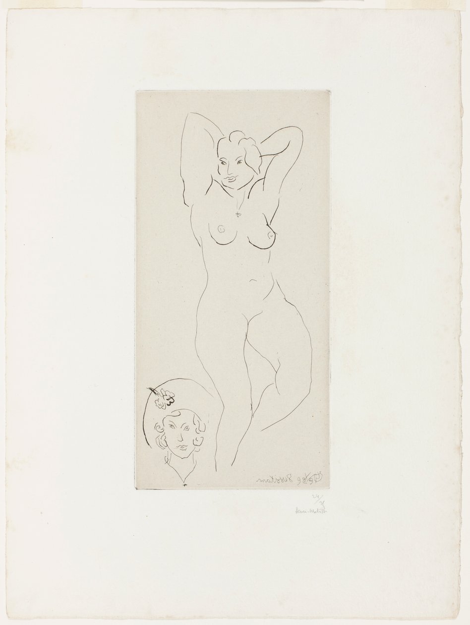 Naisakti kohotetuin käsivarsin ja naisen pää tekijältä Henri Matisse