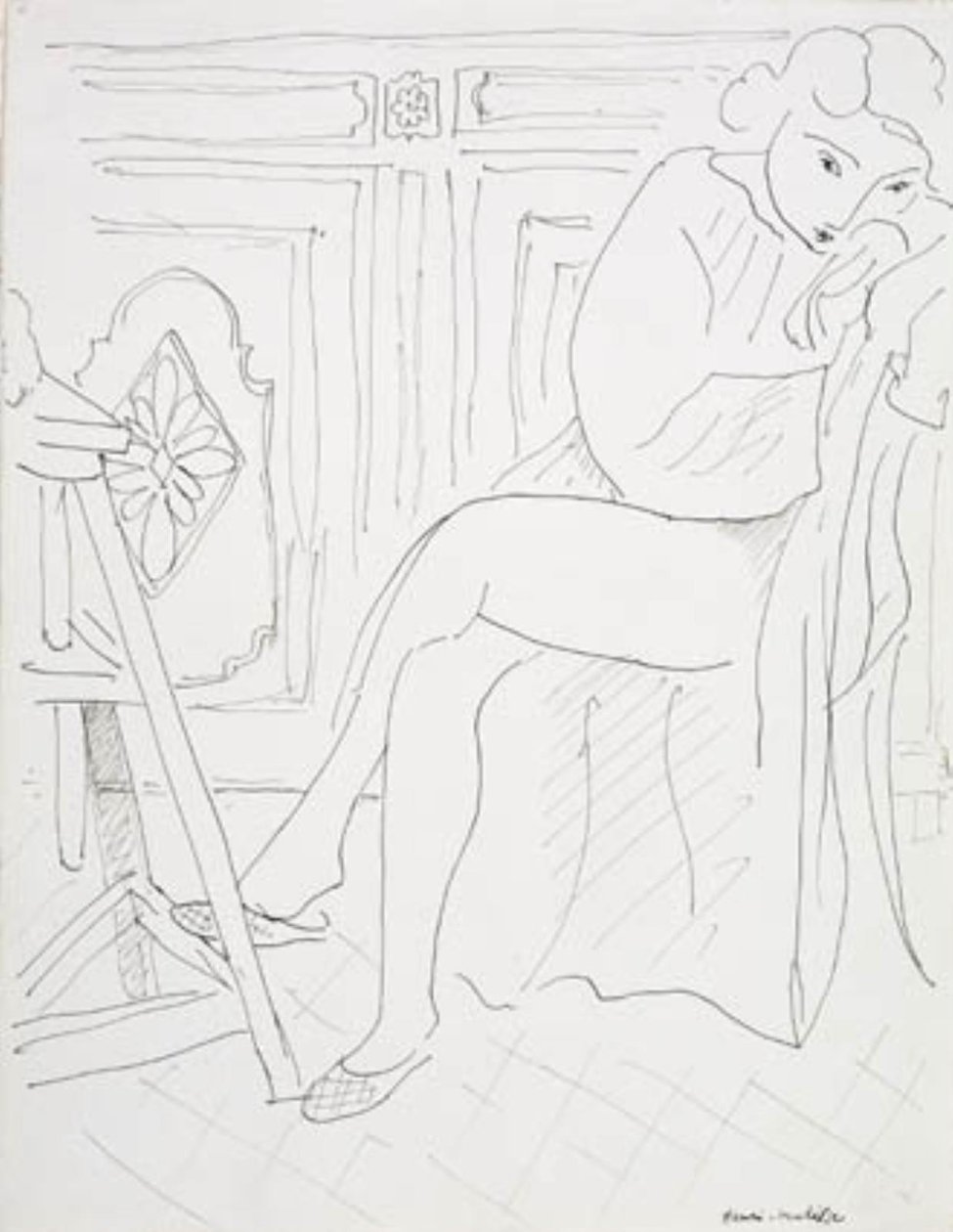 Naismalli rentoutumassa ateljeessa tekijältä Henri Matisse