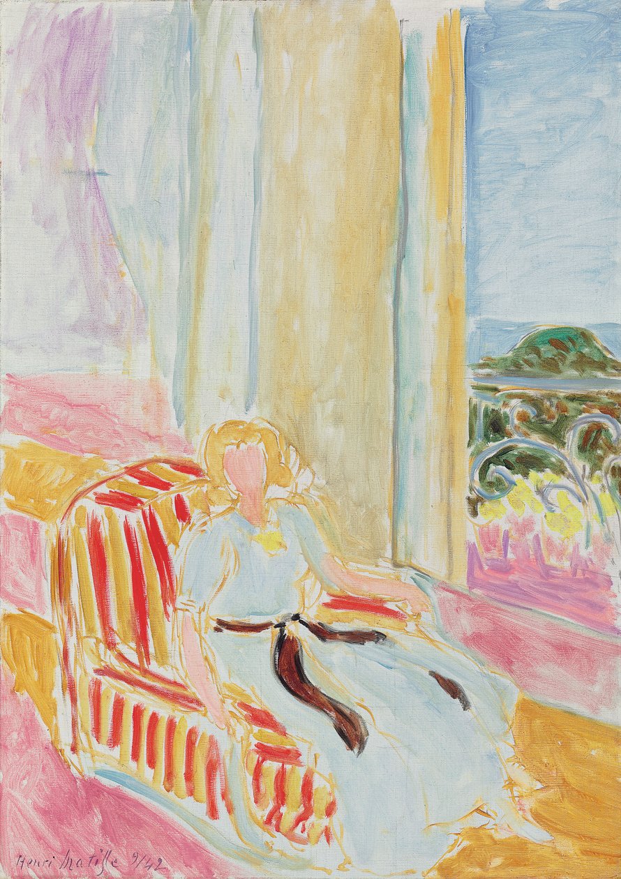 Tyttö valkoisessa mekossa, istuu ikkunan lähellä tekijältä Henri Matisse