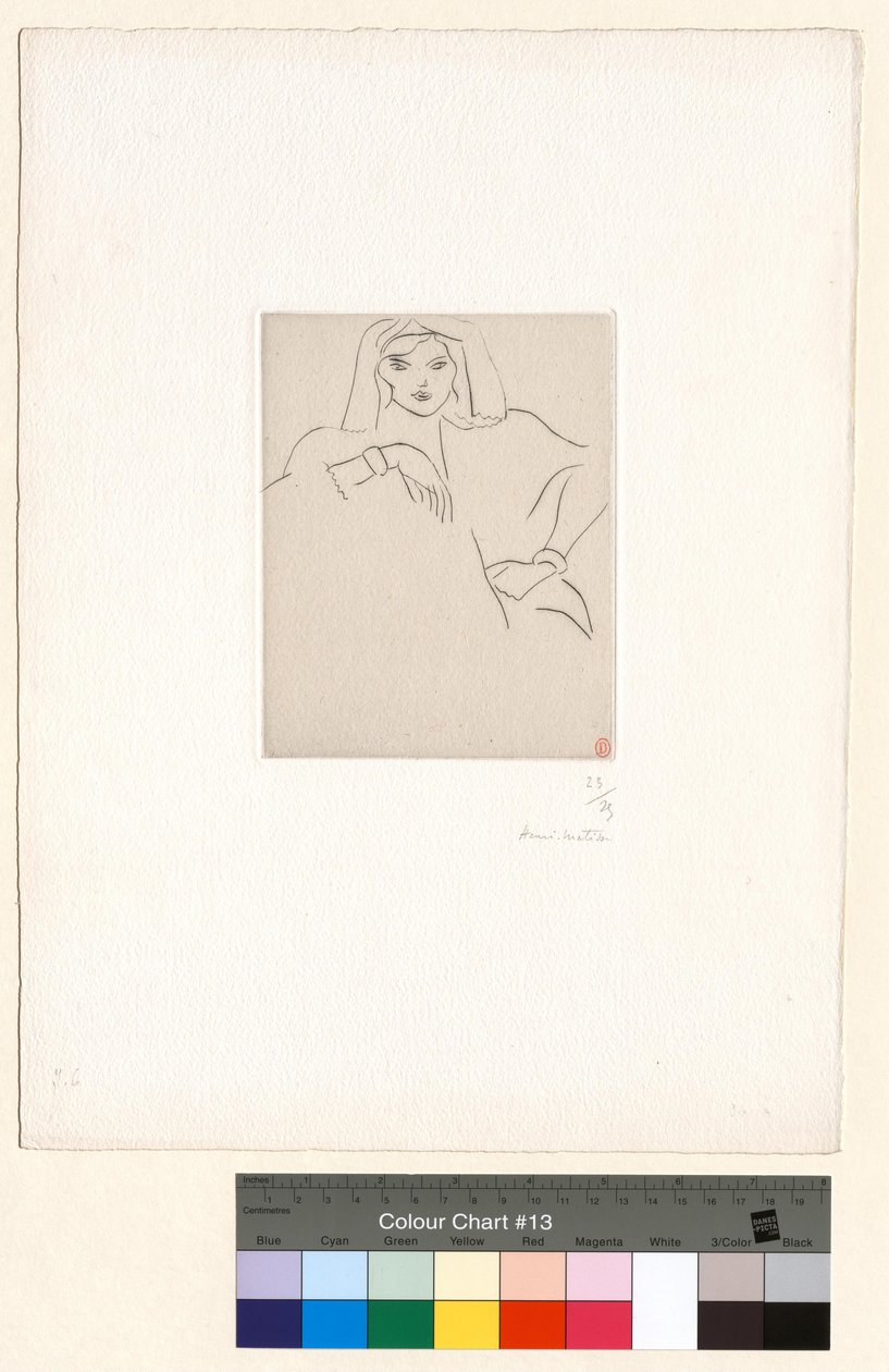Nuori nainen, kädet kyynärpäillä, päähuivi päässä tekijältä Henri Matisse