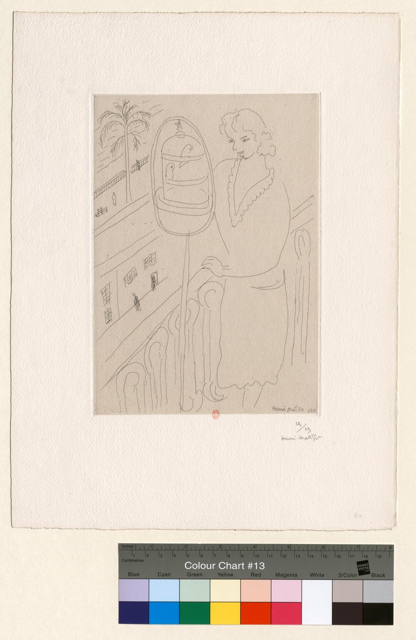 Nuori nainen parvekkeella tarkkailemassa undulaatteja tekijältä Henri Matisse