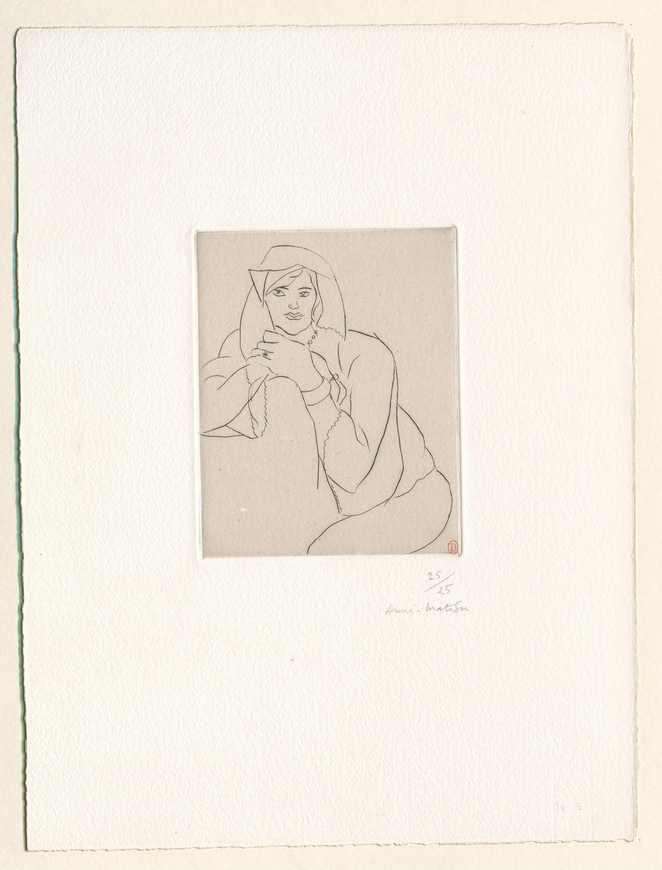 Nuori nainen kädet yhteen liitettyinä huonekalun selkänojalla tekijältä Henri Matisse