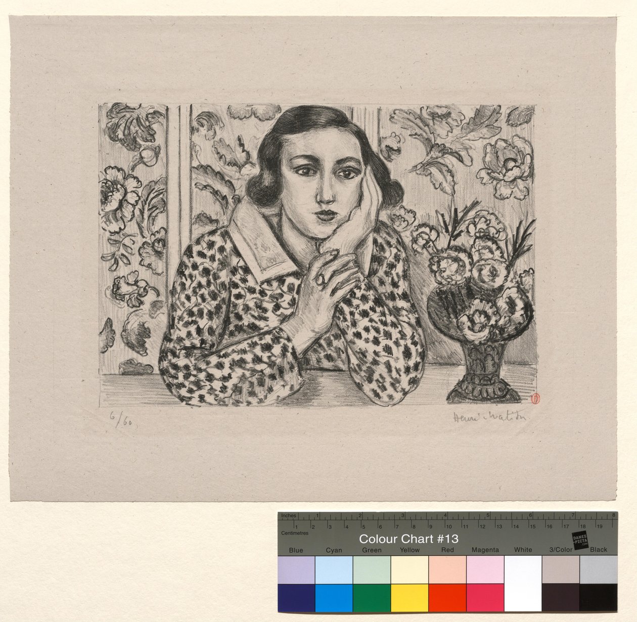 Nuori tyttö, joka nojaa sermiin: nuori tyttö, jolla on kukkakimppu tekijältä Henri Matisse