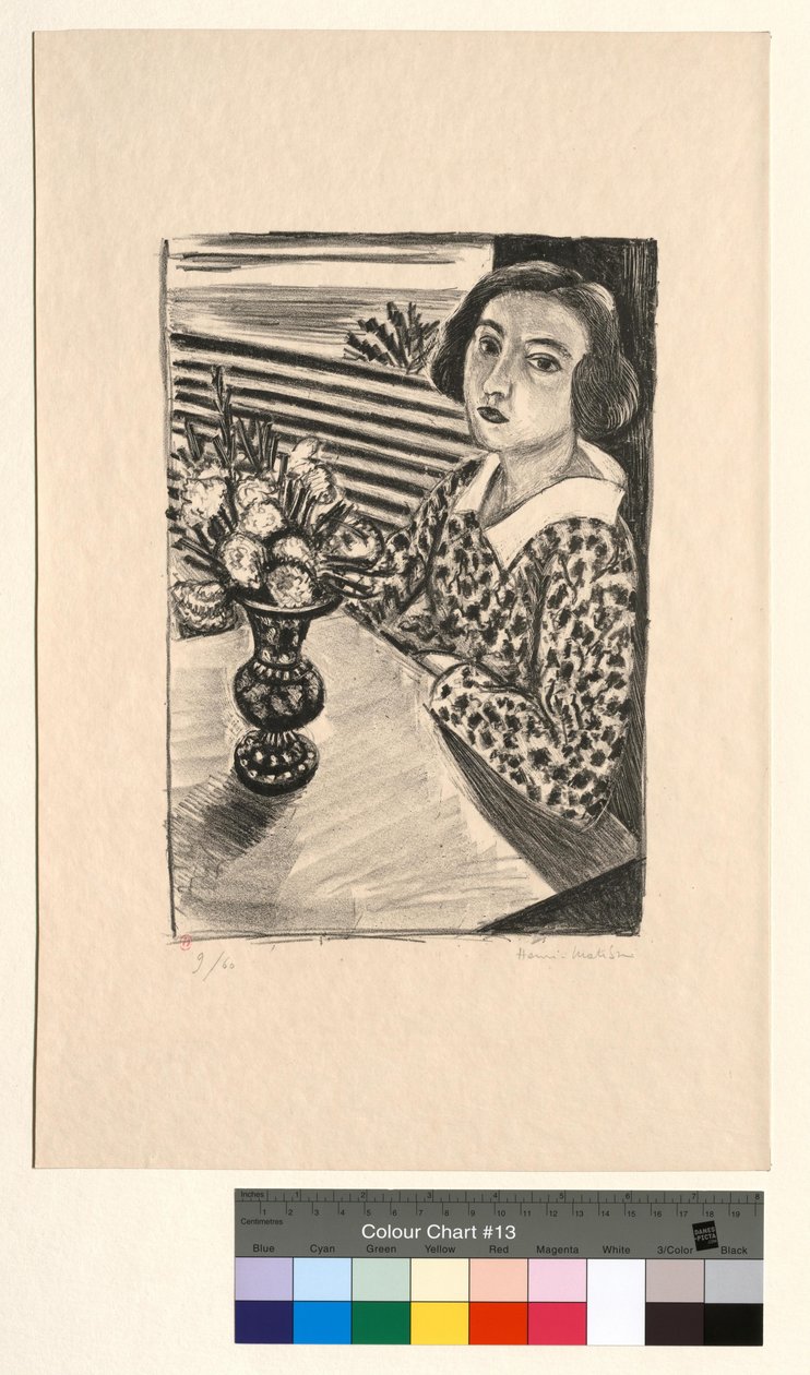 Istuva nuori tyttö kukkakimpun kanssa tekijältä Henri Matisse