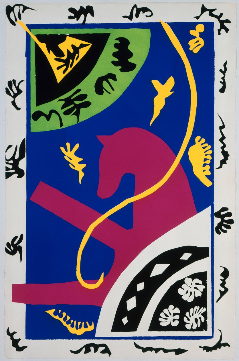 Hevonen, ratsastaja ja klovni. Teoksesta ”Jazz”. Taulu V. S. 34 tekijältä Henri Matisse