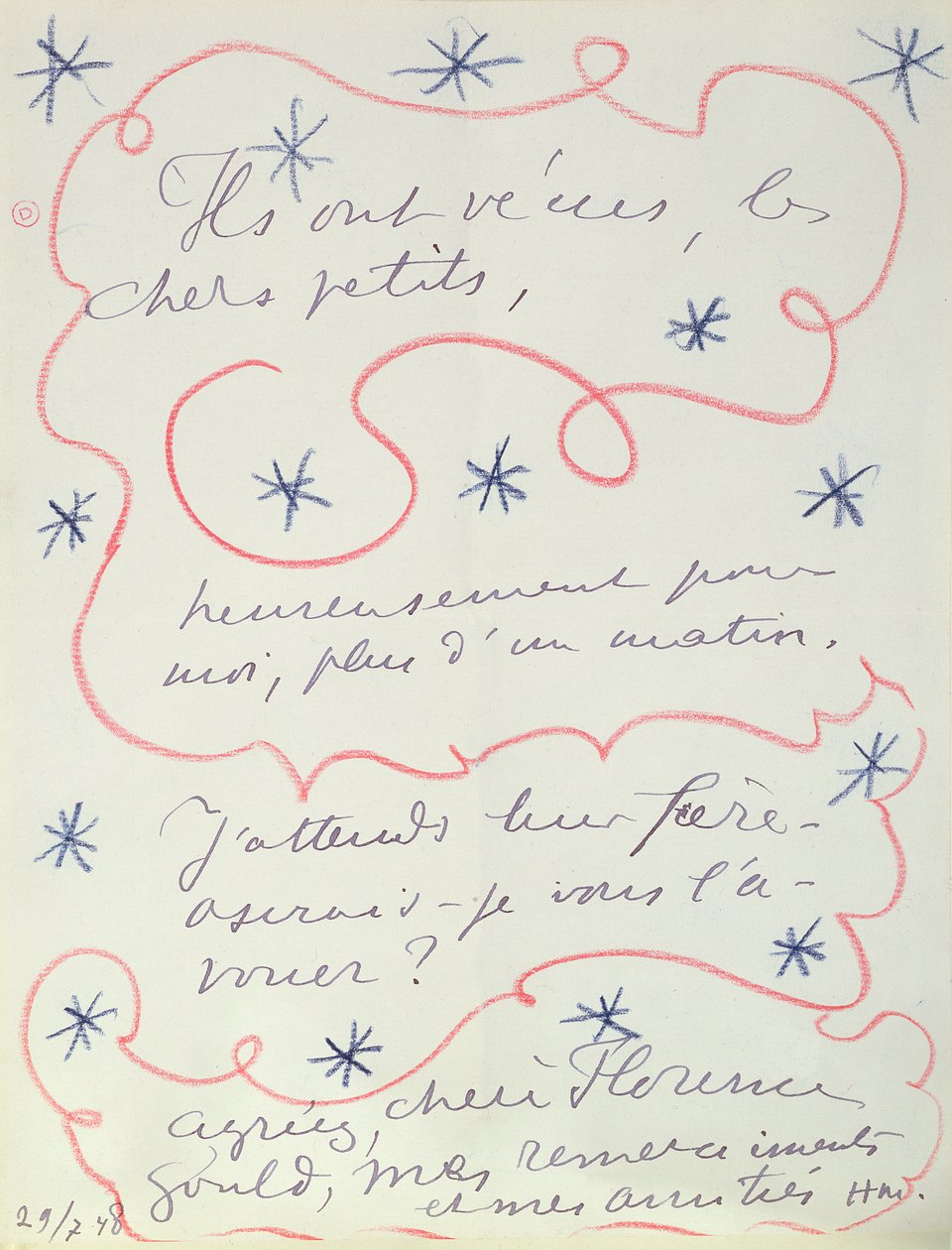 Taidemaalarin kirje Florence Gouldille (s.1895), 29. heinäkuuta 1948 (kynä ja värikynä paperilla). tekijältä Henri Matisse