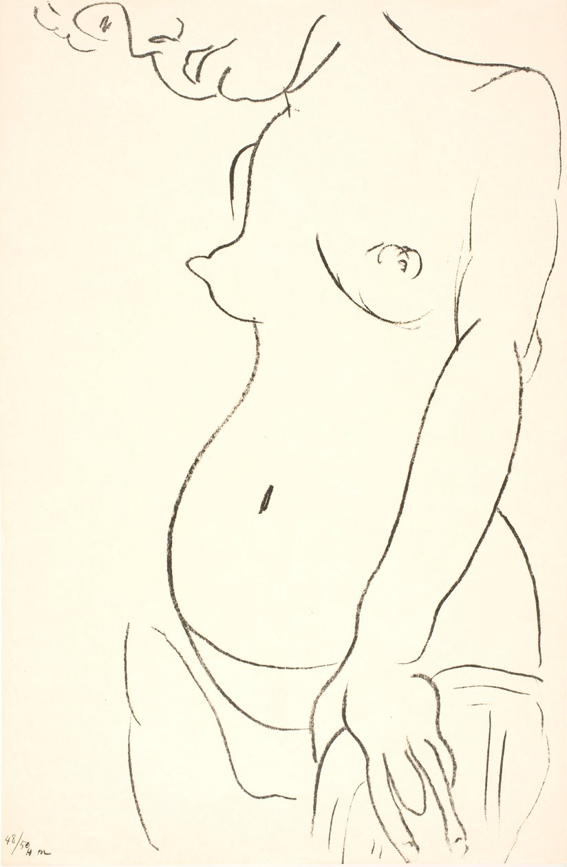 Alaston nainen puolivartalokuvassa, kolmen neljäsosan profiilissa vasemmalle. Pään yläosa on rajattu pois tekijältä Henri Matisse