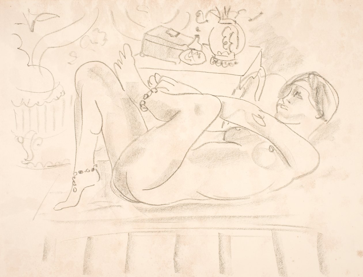 Alaston nainen selällään, helmikäädyt nilkkojensa ympärillä (odaliski) tekijältä Henri Matisse