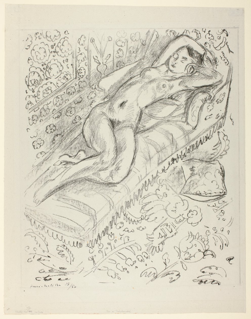 Lepäävä alaston lepotuolilla, taustalla mashrabiya tekijältä Henri Matisse
