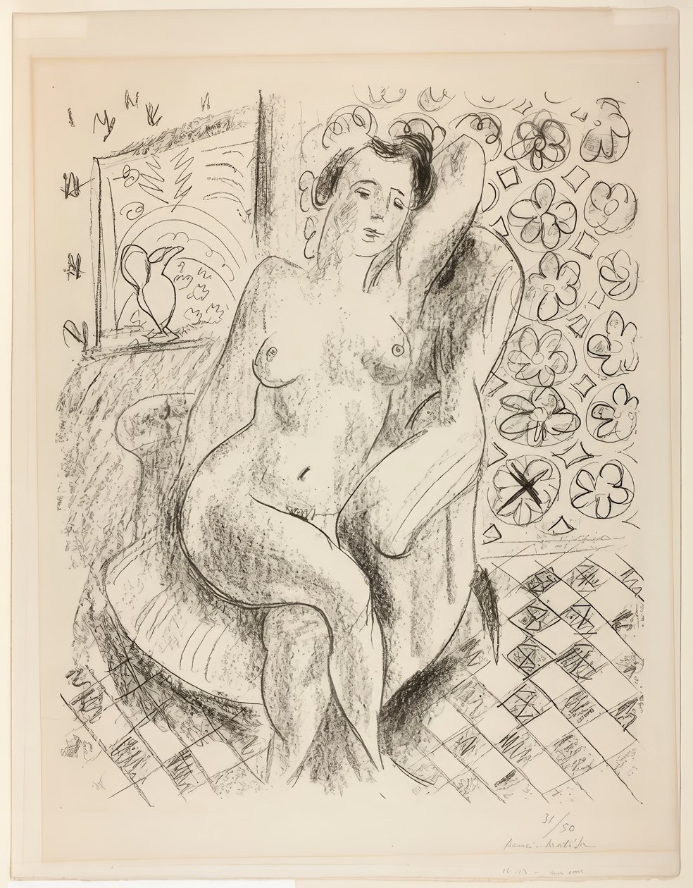 Alaston nojatuolissa, jossa on Mashrabiya-taustaa tekijältä Henri Matisse