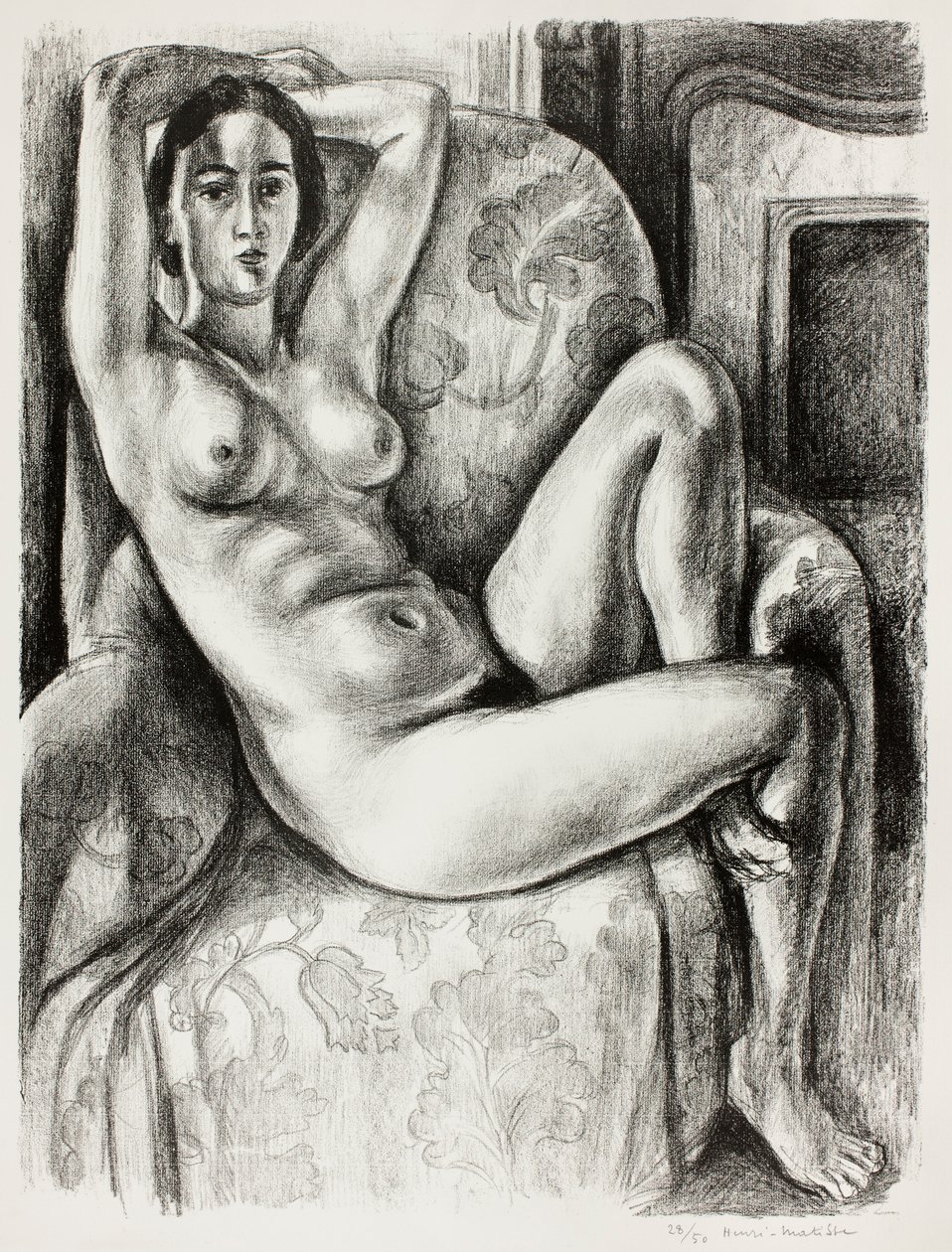 Alaston hahmo ja sininen tyyny takan vieressä tekijältä Henri Matisse