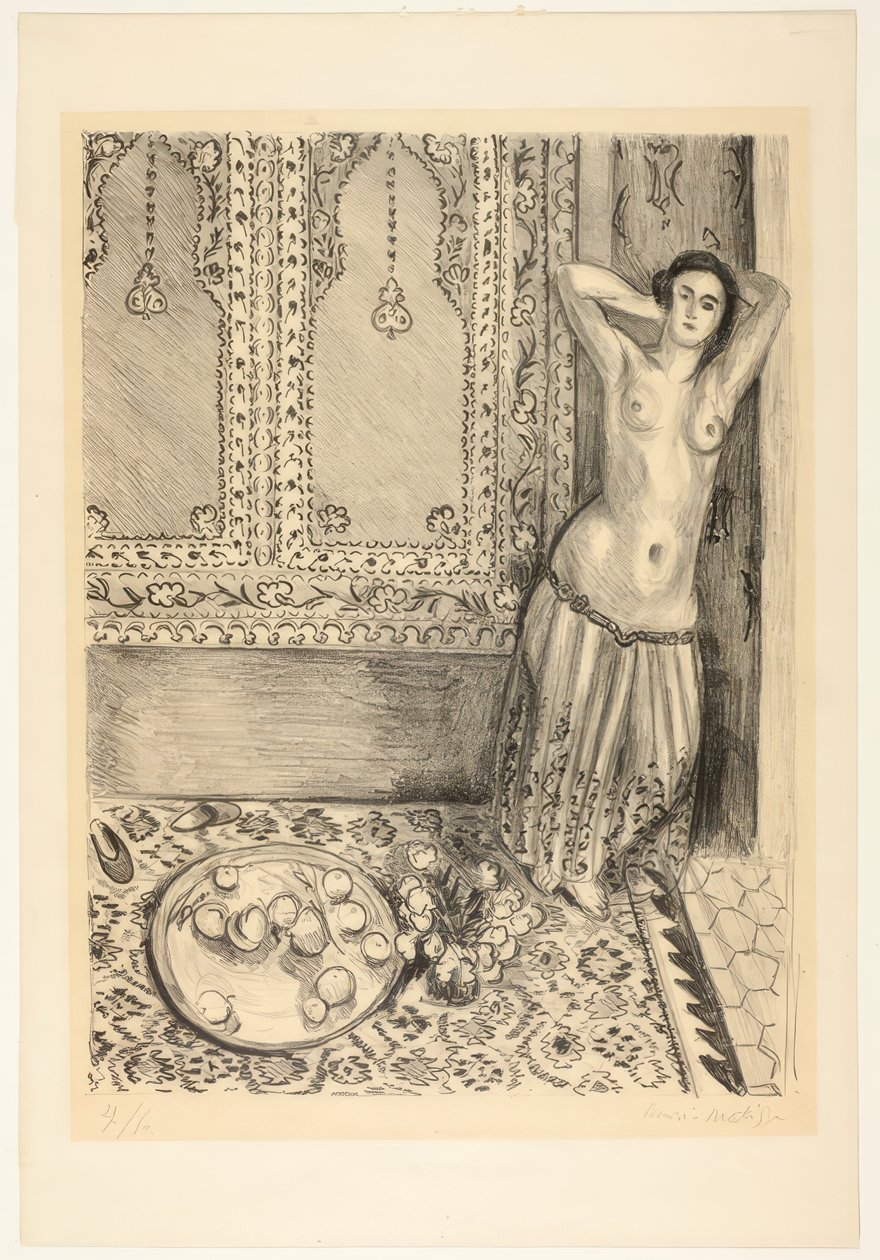 Odalisque seisoo hedelmätarjottimen kanssa tekijältä Henri Matisse