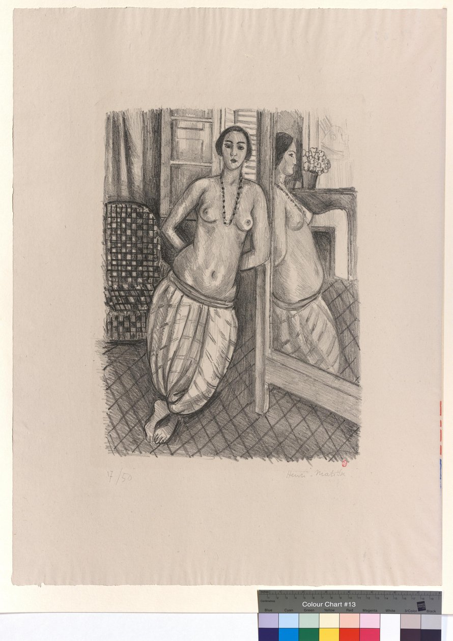 Raidallisissa alushousuissa oleva odaliski, joka heijastuu peilistä tekijältä Henri Matisse