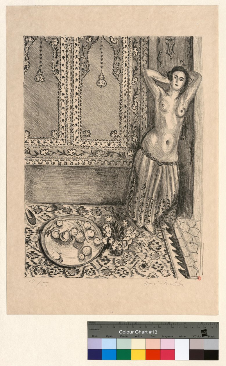 Seisova odaliski hedelmätarjottimen äärellä tekijältä Henri Matisse
