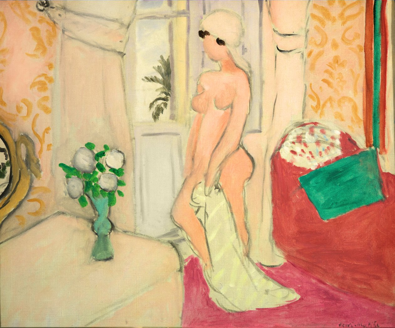 Vaaleanpunainen alaston tai Nuori tyttö kukkamaljakon kanssa, n.1920 (öljy kankaalle) tekijältä Henri Matisse