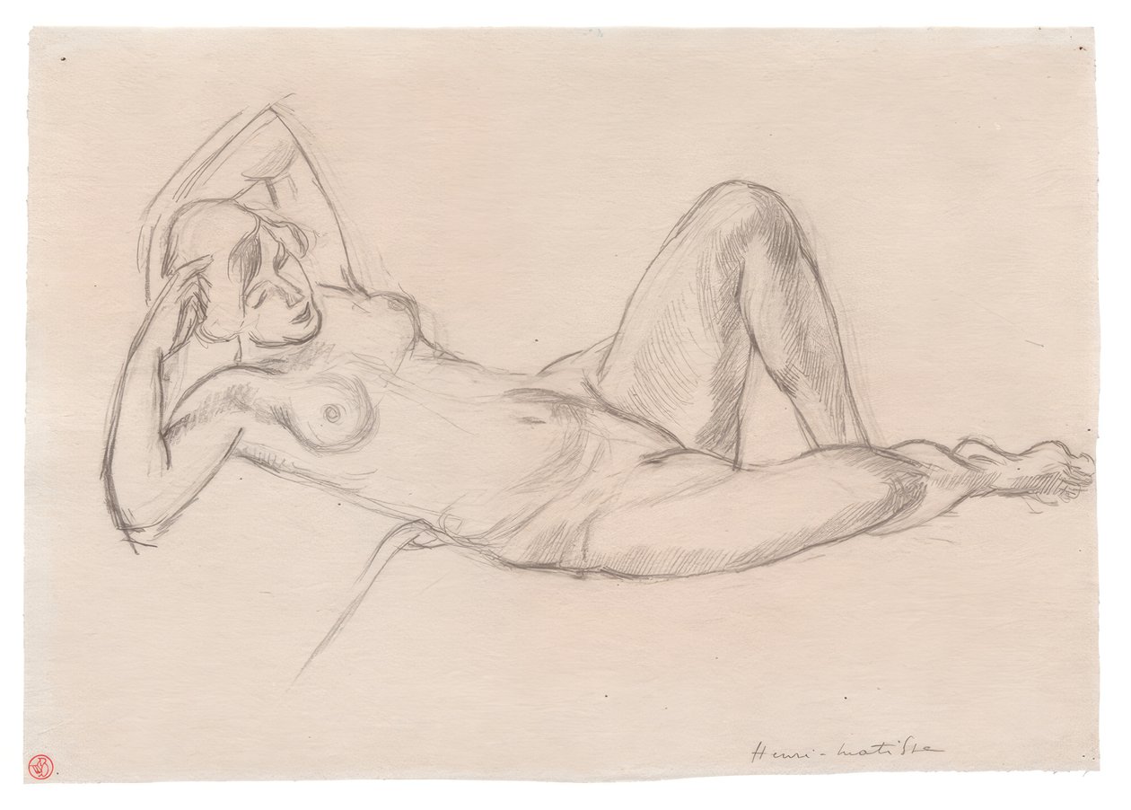 Naispuolinen alaston makuuasennossa ja kohotettu polvi tekijältä Henri Matisse