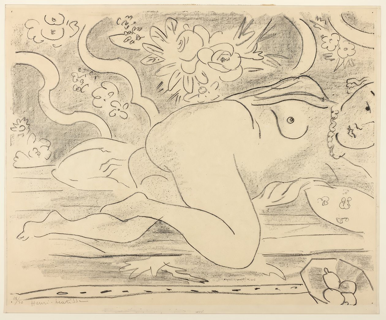 Makuuasennossa alaston ja kulhollinen hedelmiä tekijältä Henri Matisse